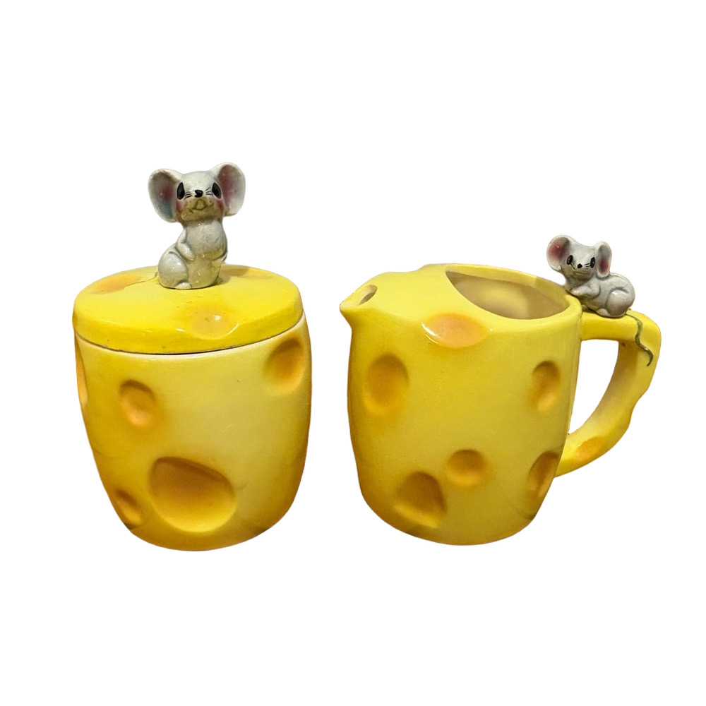 Vintage Cheese-Themed Sugar and Cream Set with Mouse Design